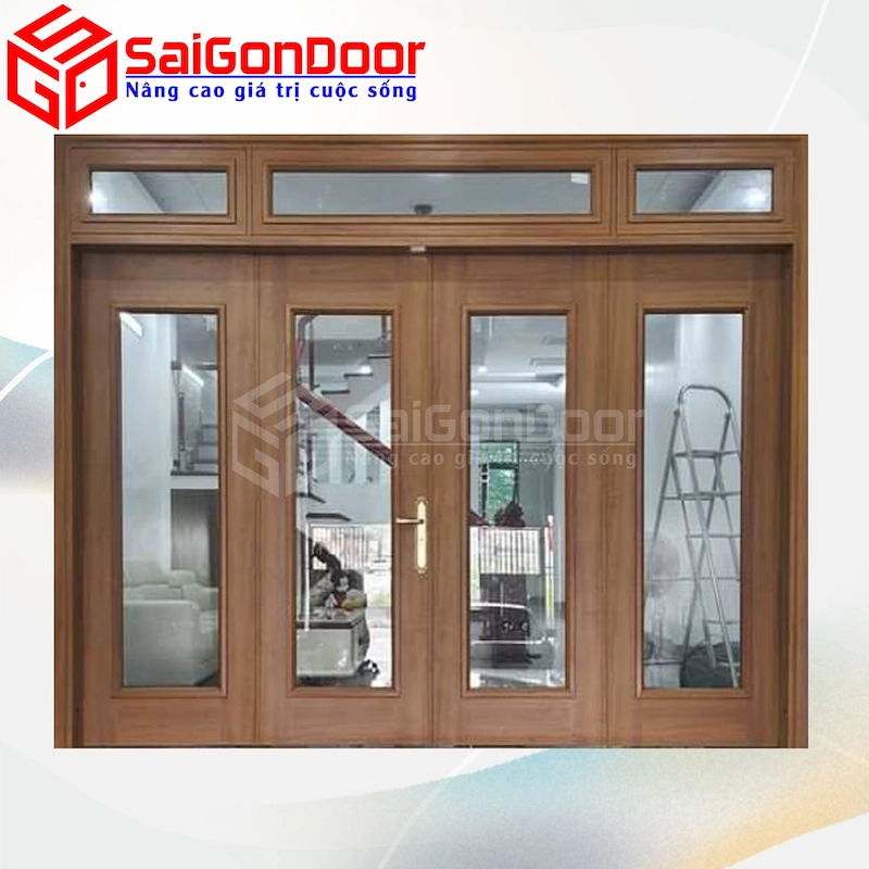 Mẫu cửa thép vân gỗ kết hợp kính cường lực