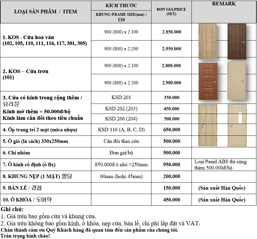 Bảng báo giá cửa nhựa giả gỗ ABS Hàn Quóc mới nhất năm 2021