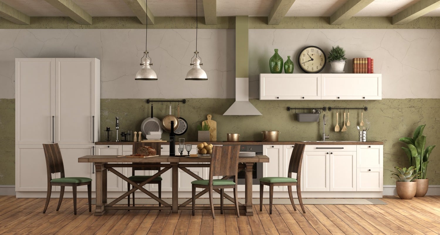 retro style kitchen with wooden dining table