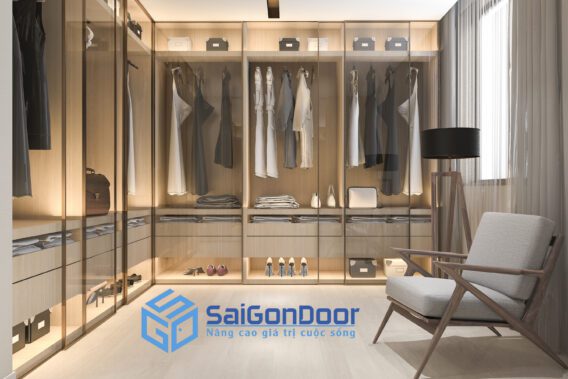 3d rendering minimal scandinavian wood walk closet with wardrobe 1