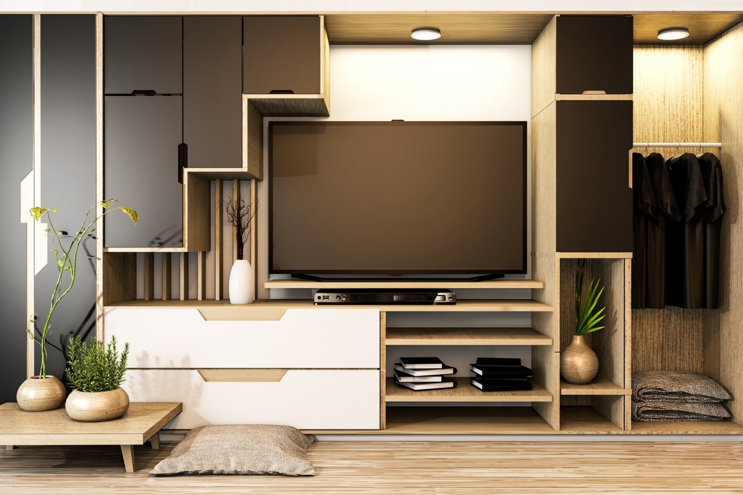 cabinet tv mix wardrobe shelf wooden japanese style decoration plants shelf 3d rendering 1