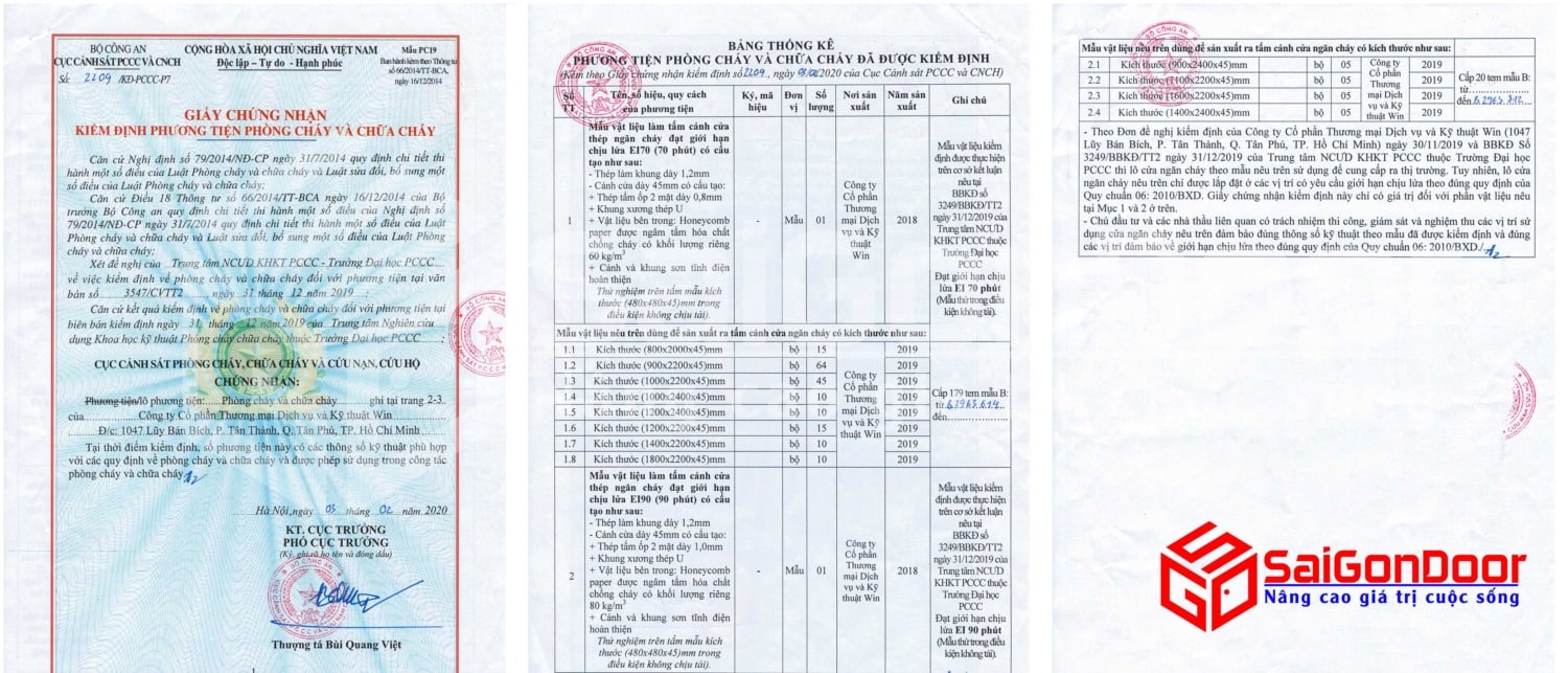 Mẫu giấy chứng nhận tiêu chuẩn phòng cháy chữa cháy về cửa chống cháy đã được kiểm định của SaiGonDoor